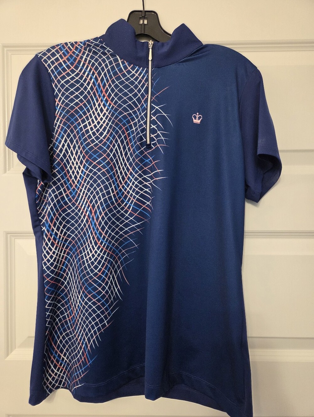 Navy Blue Short Sleeve Zip Golf Polo with Wave Grid Print